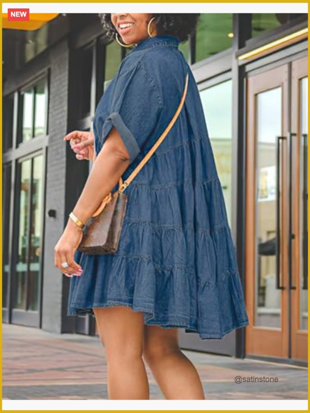 Button Down Ruffle Tiered Babydoll Jean Dress Swing Short Sleeve Cotton - Picture 4 of 7